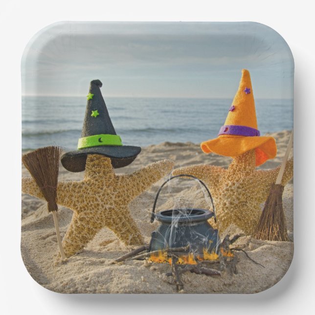 Halloween Beach Starfish Witches Paper Plate (Front)