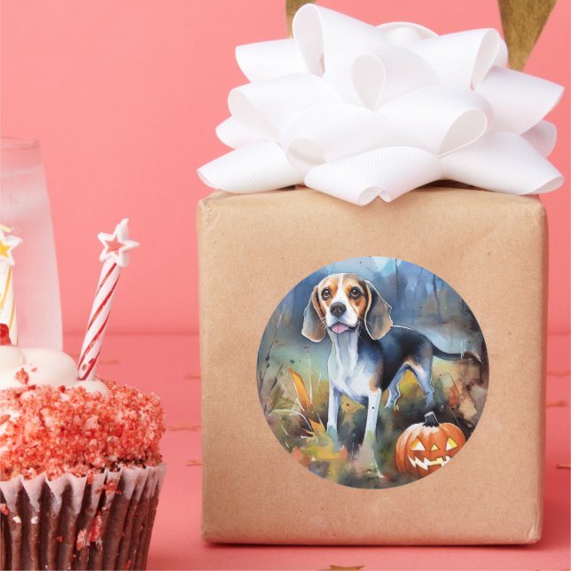 Halloween Beagle With Pumpkins Scary Classic Round Sticker (Party)