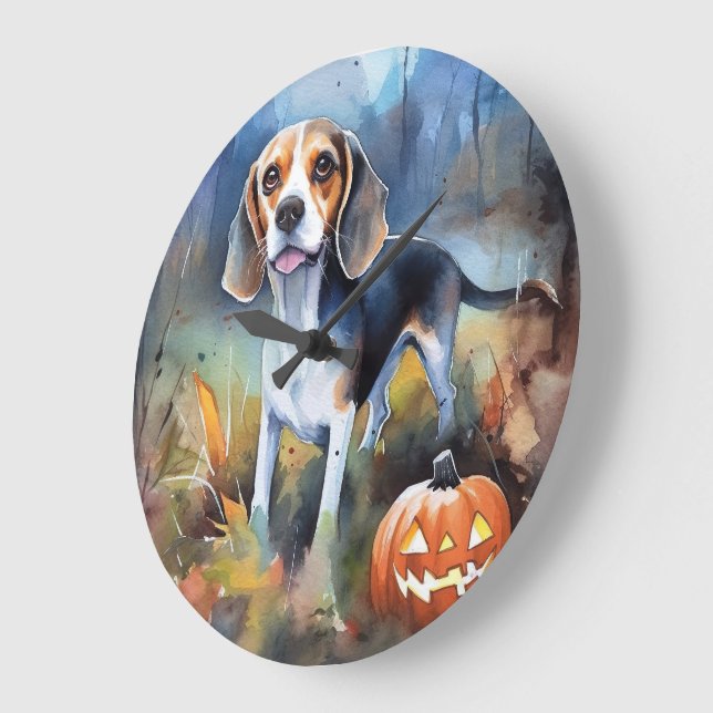 Halloween Beagle With Pumpkins Scary Large Clock (Angle)