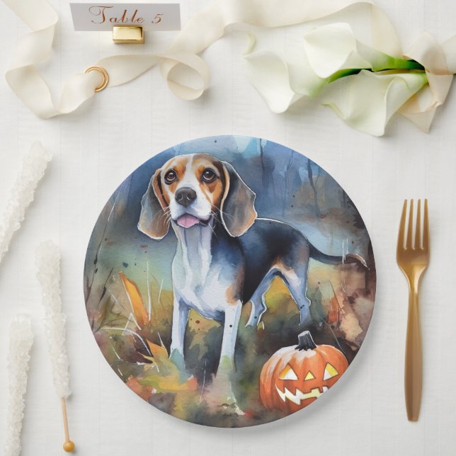 Halloween Beagle With Pumpkins Scary Paper Plate (Wedding)