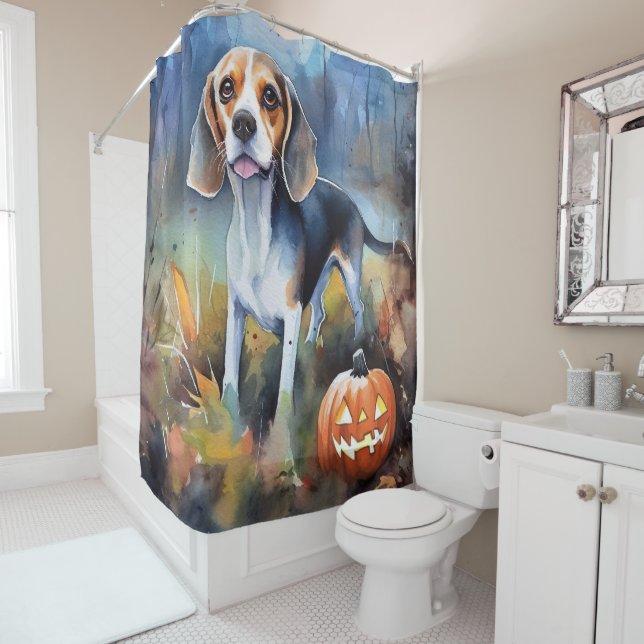 Halloween Beagle With Pumpkins Scary Shower Curtain (In Situ)