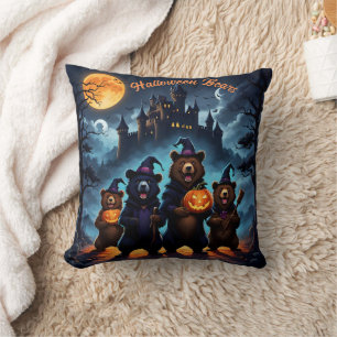 Halloween bear gathering in a spooky forest cushion