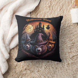 Halloween bears cast spells under a spooky moon cushion