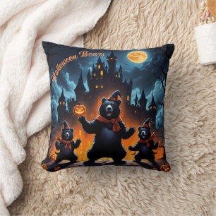 Halloween bears celebrate at a haunted castle cushion