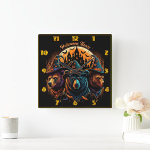 Halloween bears in hats celebrate! square wall clock