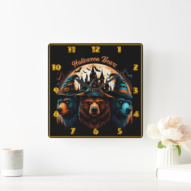 Halloween bears in magical night attire square wall clock (Home)