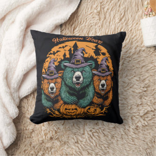 Halloween bears in playful witch hats at night cushion