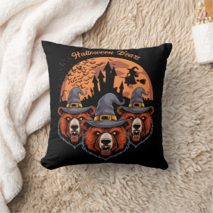 Halloween bears with witch and castle cushion