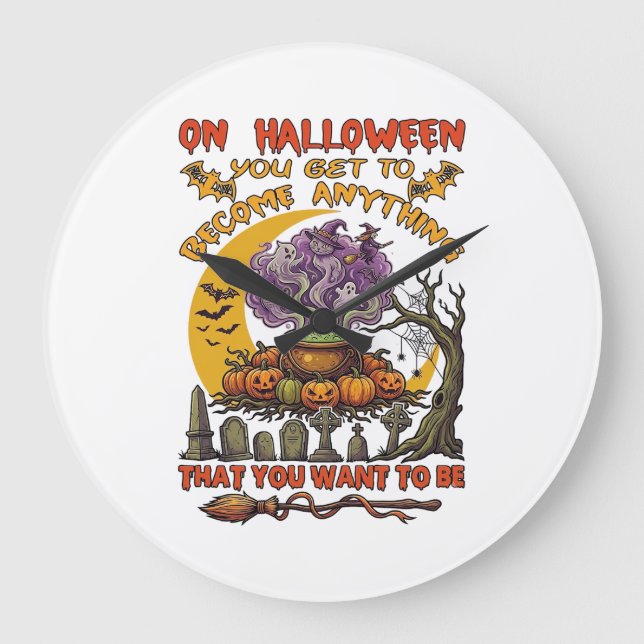 Halloween Become Anything Cauldron Cat Ghost Pumpk Large Clock (Front)