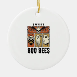 Halloween Bee Pun Vintage Engraving Ghost Bee Shir Ceramic Ornament