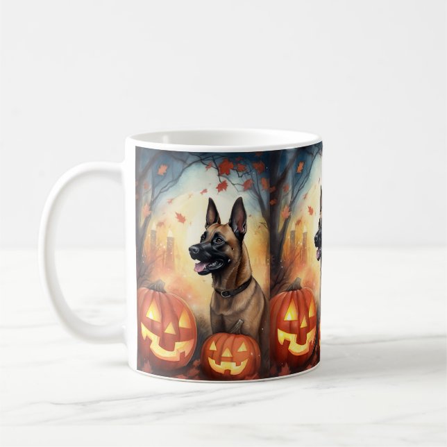 Halloween Belgian Malinoi With Pumpkins Scary Coffee Mug (Left)