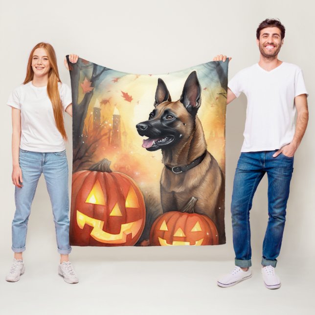 Halloween Belgian Malinoi With Pumpkins Scary Fleece Blanket (In Situ)