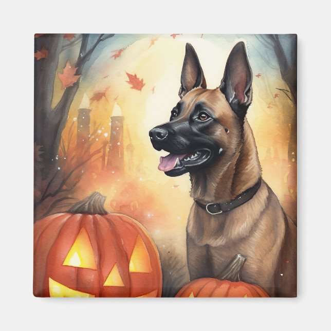 Halloween Belgian Malinoi With Pumpkins Scary Magnet (Front)