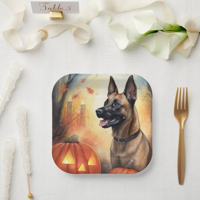 Halloween Belgian Malinoi With Pumpkins Scary Paper Plate (Wedding)