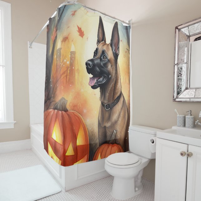 Halloween Belgian Malinoi With Pumpkins Scary Shower Curtain (In Situ)