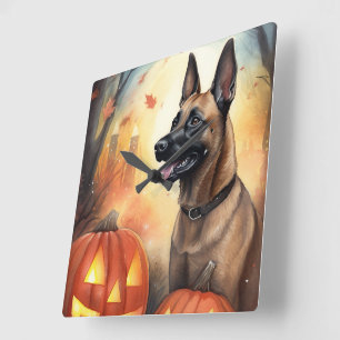 Halloween Belgian Malinoi With Pumpkins Scary Square Wall Clock