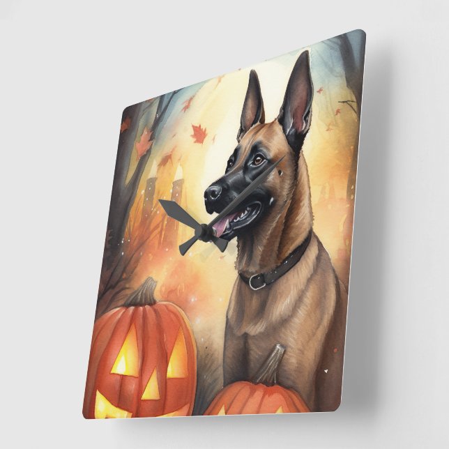 Halloween Belgian Malinoi With Pumpkins Scary Square Wall Clock (Angle)