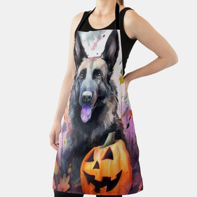 Halloween Belgian Shepherd  With Pumpkins Scary Apron (Insitu)
