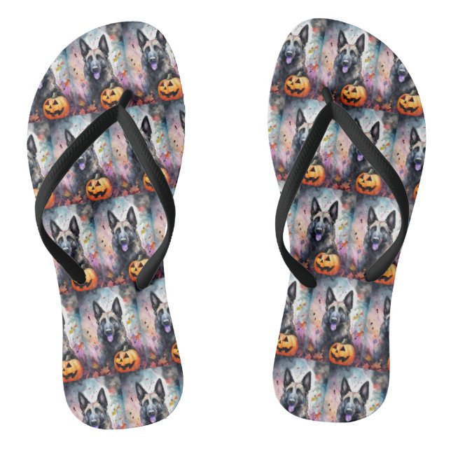 Halloween Belgian Shepherd  With Pumpkins Scary  Thongs (Footbed)
