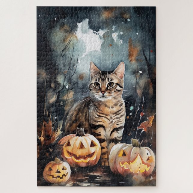 Halloween Bengal Cat With Pumpkins Scary Jigsaw Puzzle (Vertical)