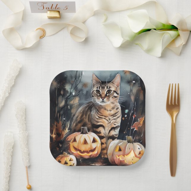 Halloween Bengal Cat With Pumpkins Scary Paper Plate (Wedding)