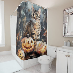 Halloween Bengal Cat With Pumpkins Scary Shower Curtain