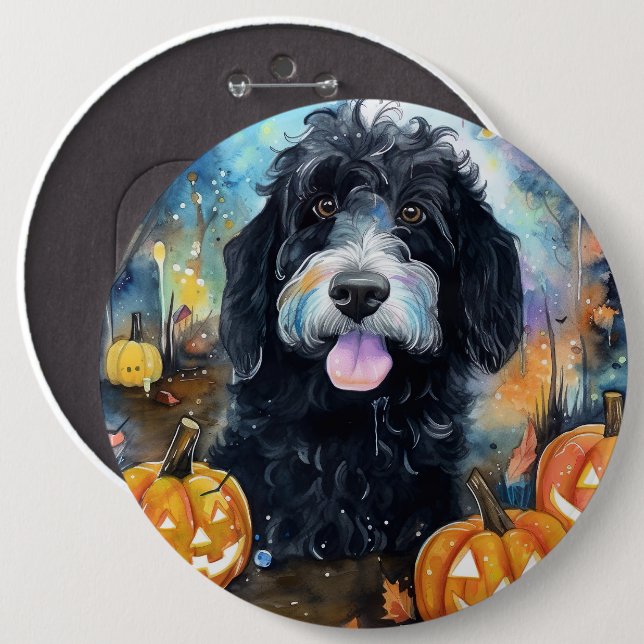 Halloween Bernedoodle With Pumpkins Scary 6 Cm Round Badge (Front & Back)