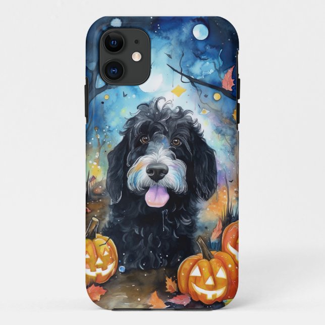 Halloween Bernedoodle With Pumpkins Scary Case-Mate iPhone Case (Back)