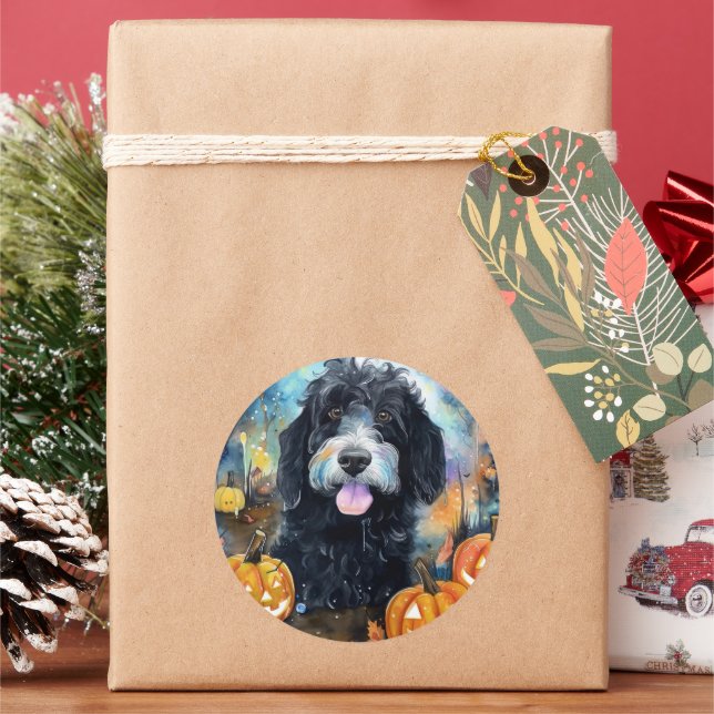 Halloween Bernedoodle With Pumpkins Scary Classic Round Sticker (Holiday)