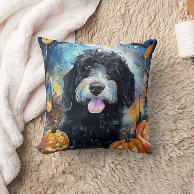 Halloween Bernedoodle With Pumpkins Scary Cushion (Blanket)