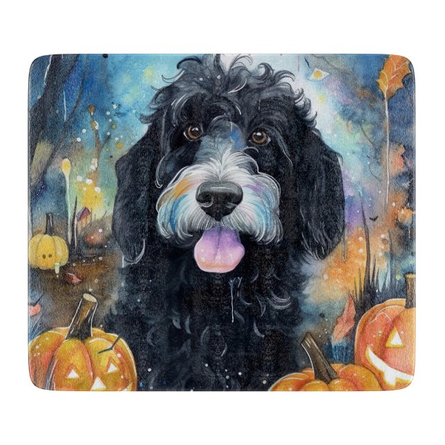 Halloween Bernedoodle With Pumpkins Scary Cutting Board (Front)