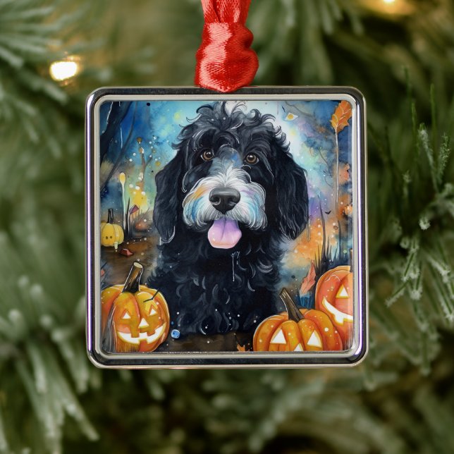 Halloween Bernedoodle With Pumpkins Scary Metal Ornament (Tree)