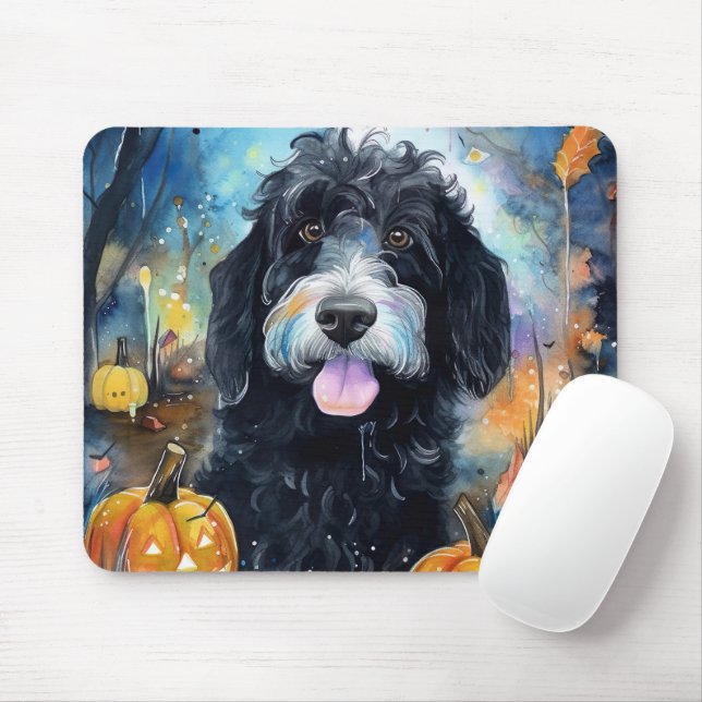 Halloween Bernedoodle With Pumpkins Scary Mouse Pad (With Mouse)