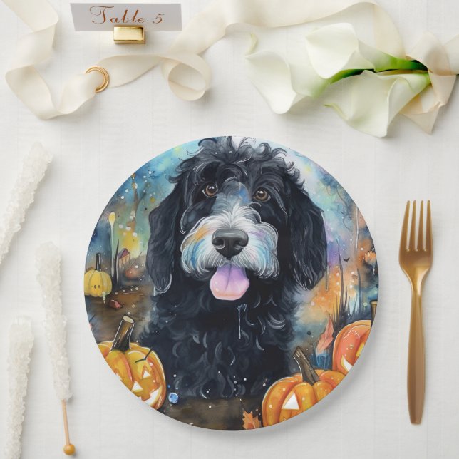 Halloween Bernedoodle With Pumpkins Scary Paper Plate (Wedding)