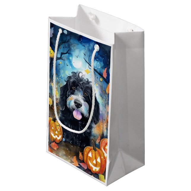 Halloween Bernedoodle With Pumpkins Scary Small Gift Bag (Front Angled)