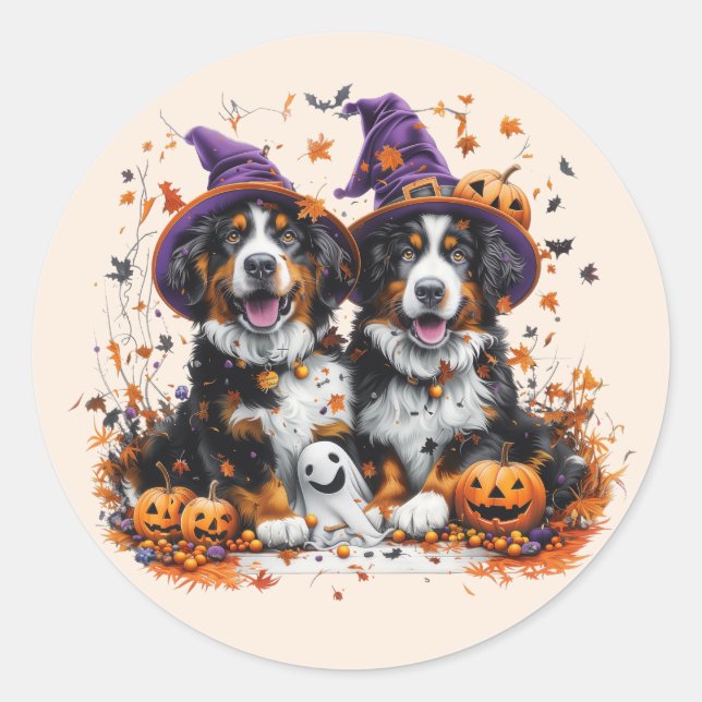 Halloween Bernese Mountain Dogs Witch Ghost Classic Round Sticker (Front)