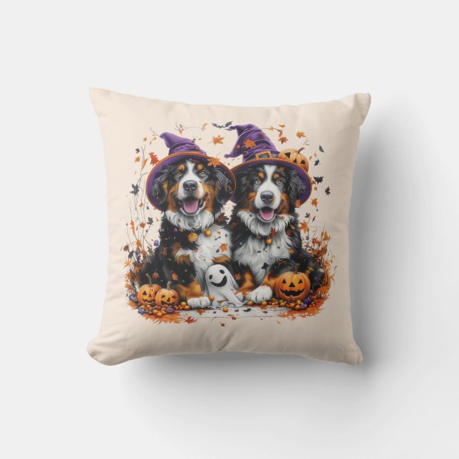 Halloween Bernese Mountain Dogs Witch Ghost Cushion (Front)