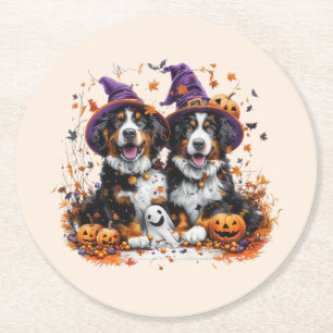 Halloween Bernese Mountain Dogs Witch Ghost Round Paper Coaster