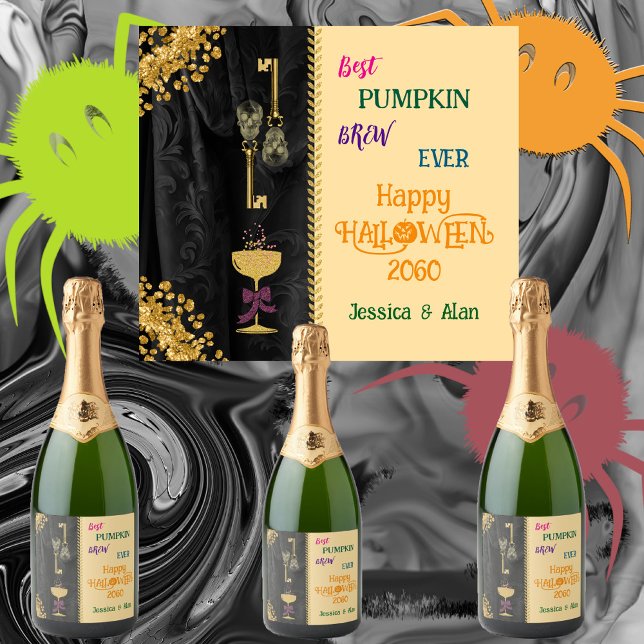 Halloween Best Brew & Gold Glitter Skulls Sparkling Wine Label (Creator Uploaded)