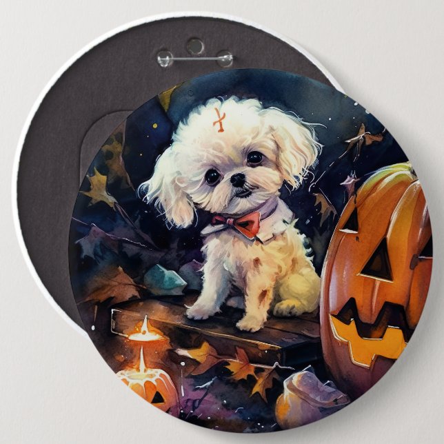 Halloween Bichon Frise With Pumpkins Scary 6 Cm Round Badge (Front & Back)
