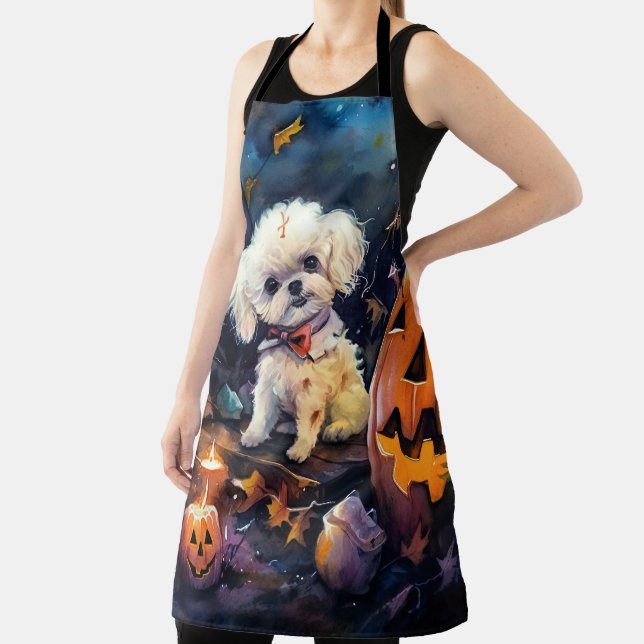 Halloween Bichon Frise With Pumpkins Scary Apron (Insitu)