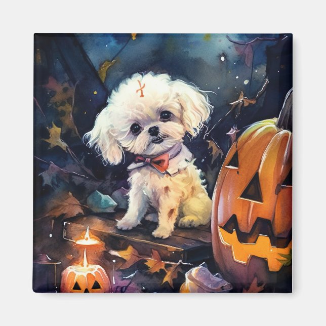 Halloween Bichon Frise With Pumpkins Scary Magnet (Front)