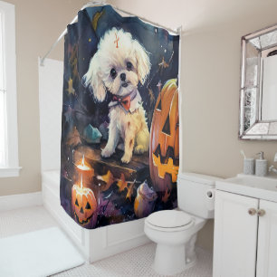 Halloween Bichon Frise With Pumpkins Scary Shower Curtain