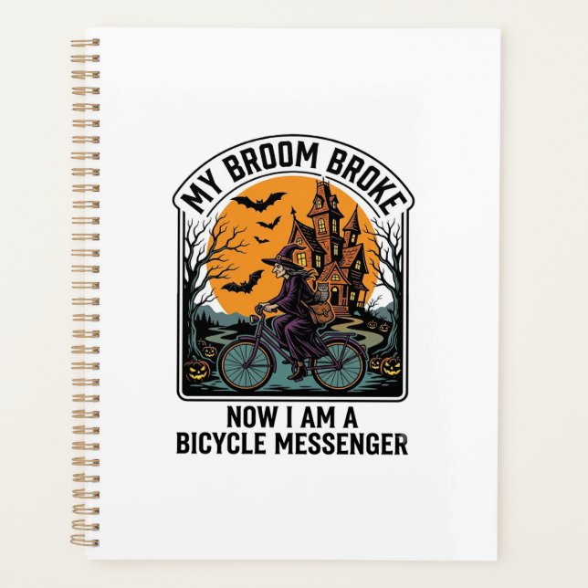 Halloween Bicycle Messenger Funny Witch Broom Brok Planner (Front)