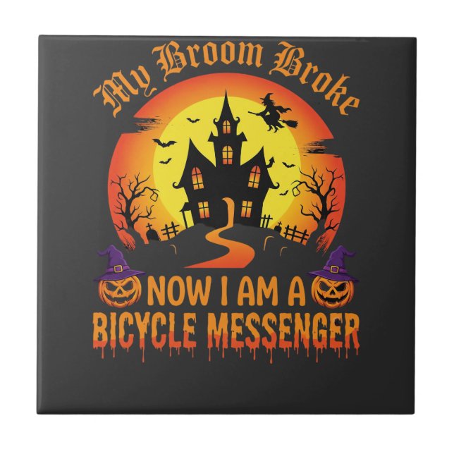 Halloween Bicycle Messenger Witch Broom Broke Desi Ceramic Tile (Front)