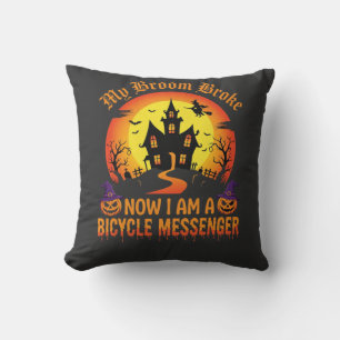 Halloween Bicycle Messenger Witch Broom Broke Desi Cushion