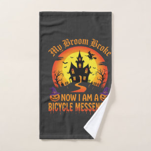 Halloween Bicycle Messenger Witch Broom Broke Desi Hand Towel