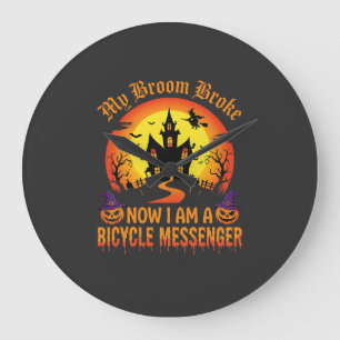 Halloween Bicycle Messenger Witch Broom Broke Desi Large Clock
