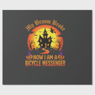 Halloween Bicycle Messenger Witch Broom Broke Desi Wrapping Paper