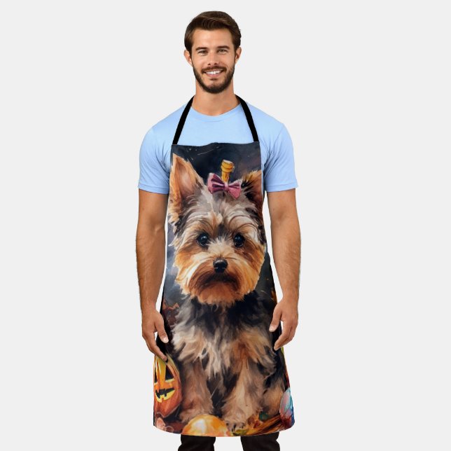 Halloween Biewer Terrier With Pumpkins Scary Apron (Worn)